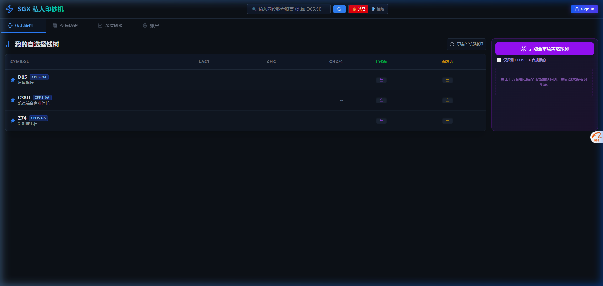 SGX Omni-Matrix Console - Ambush Tab with watchlist, Core scores, and Alpha Radar
